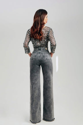 Calça Jeans Modeladora Wide Leg Cinza Cós Super Alto