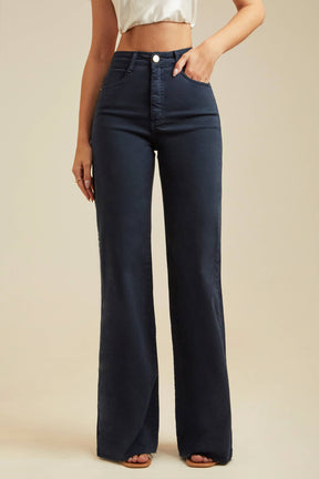 Calça Jeans Modeladora Wide Leg Com Fenda Azul Marinho Cós Super Alto