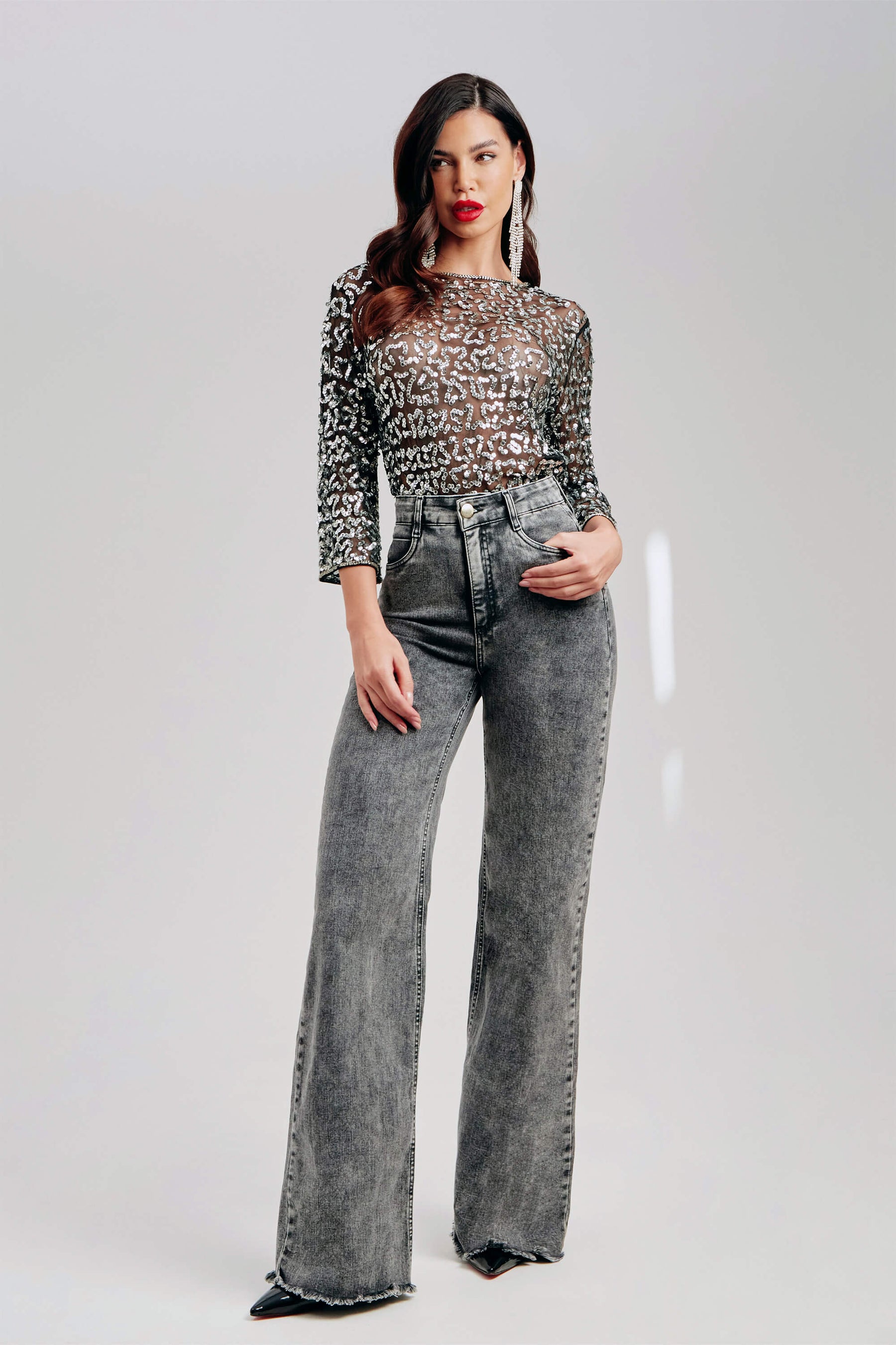 Calça Jeans Modeladora Wide Leg Cinza Cós Super Alto