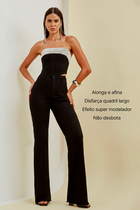 Calça Jeans Modeladora Wide Leg Preto Intenso Cós Super Alto