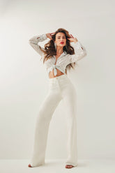 Calça Jeans Modeladora Off White Wide Leg Cós Super Alto