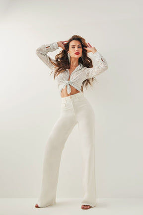 Calça Jeans Modeladora Off White Wide Leg Cós Super Alto