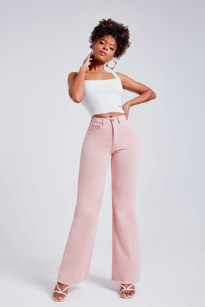 Calça Jeans Modeladora Rosa Wide Leg Cós Super Alto
