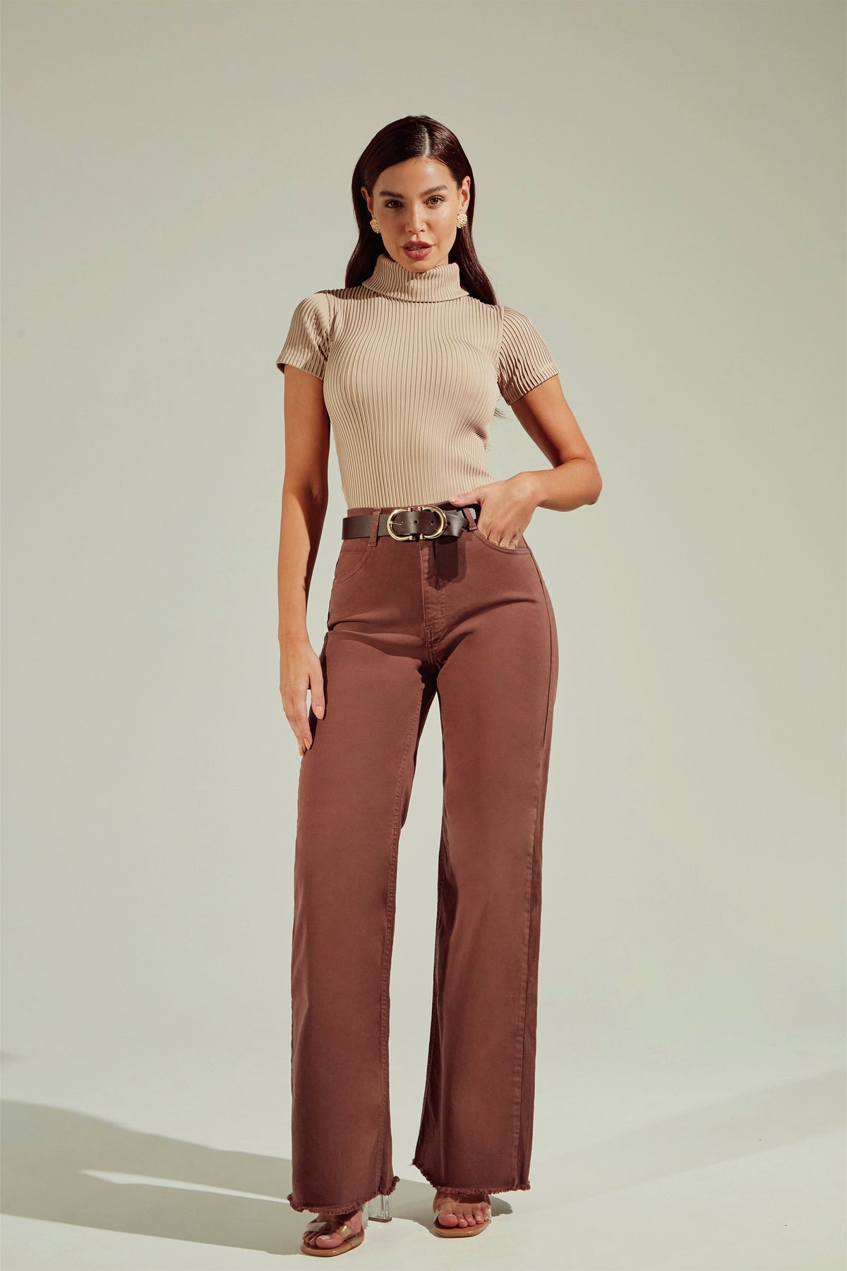 Calça Jeans Modeladora Coffee Wide Leg Cós Super Alto