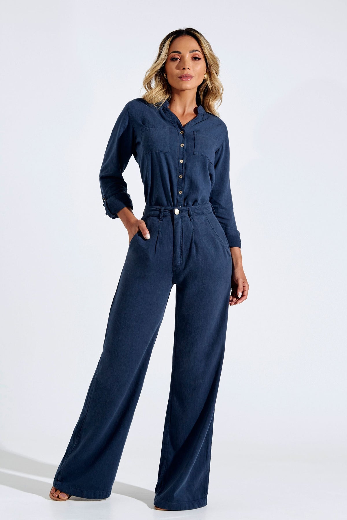 Calça Pantalona de Linho Térmico Dunas Azul Marinho
