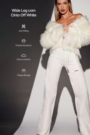 Calça Jeans de Rica Tecnológica Wide Leg Off White Cós Super Alto