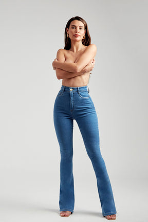 Calça Jeans Modeladora Clássica Flare Cós Super Alto