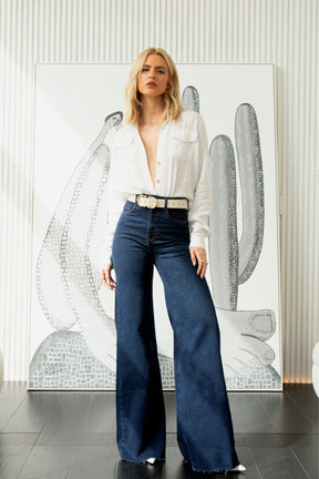 Calça Jeans Modeladora Luxury Pantalona Cós Super Alto