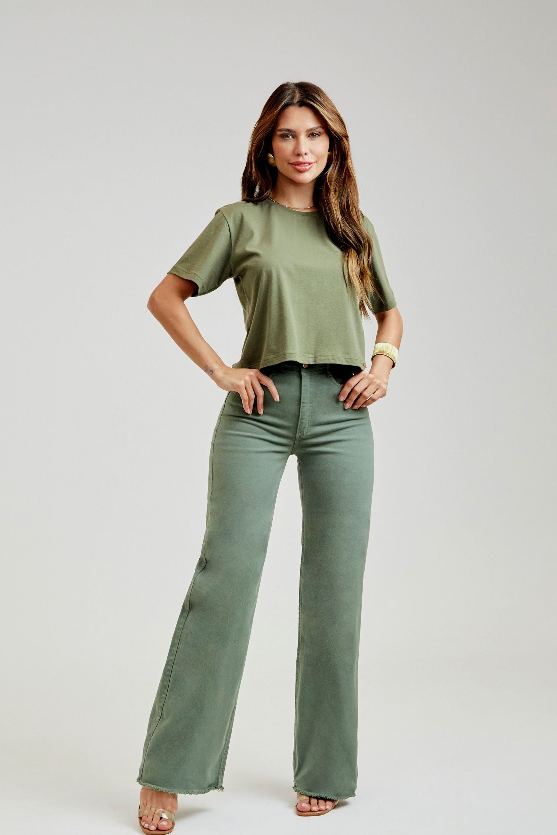 Calça Jeans Modeladora Verde Wide Leg Cós Super Alto