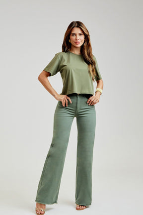 Calça Jeans Modeladora Verde Wide Leg Cós Super Alto