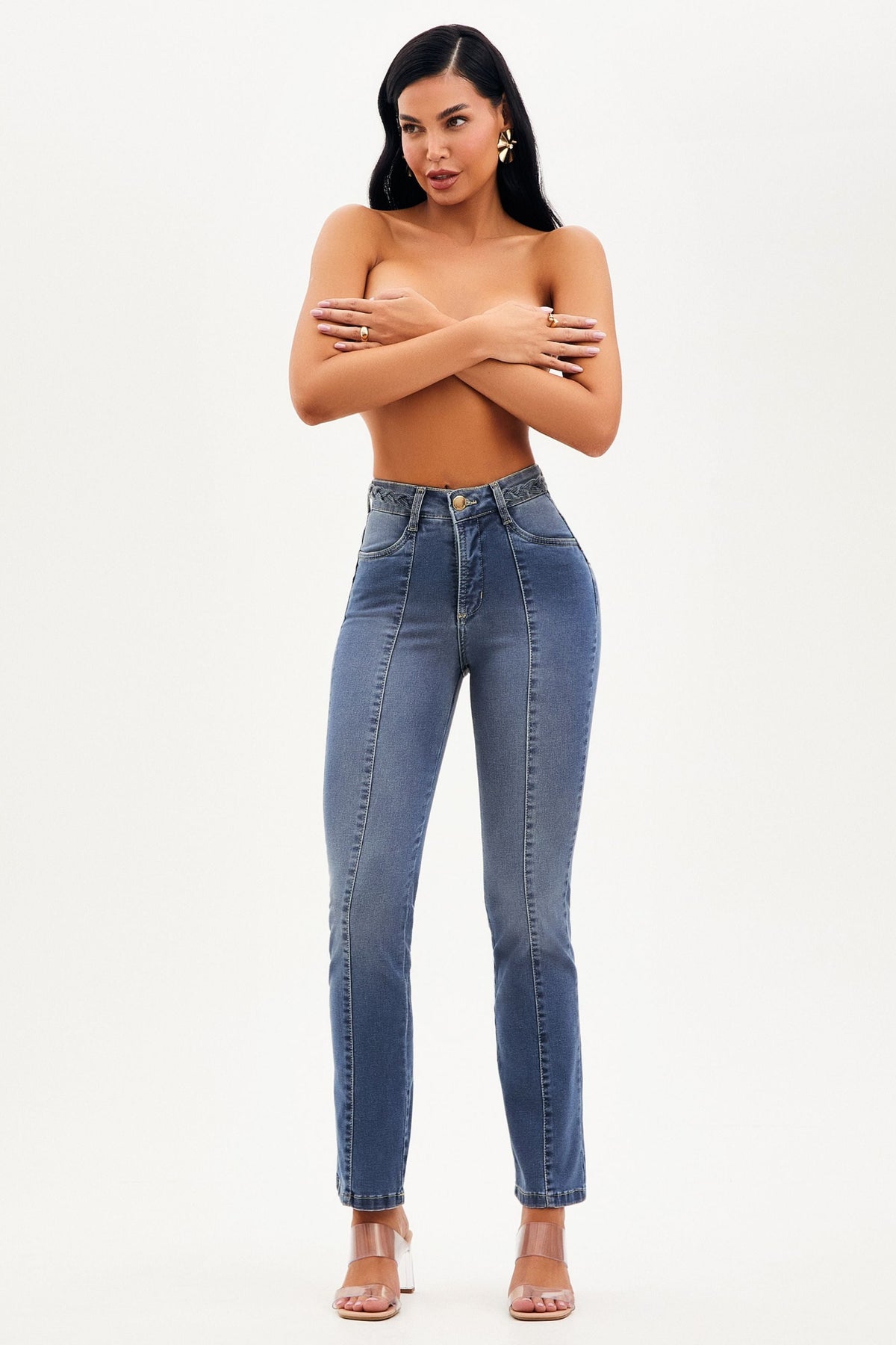 Calça Jeans Apaixonante Reta Jeans Médio Cós Alto