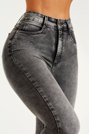 Calça Jeans Modeladora Cinza Reta Cós Super Alto