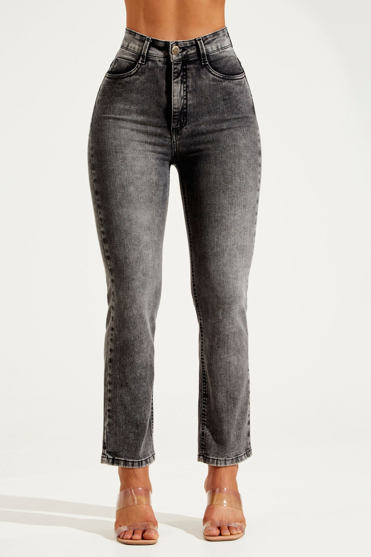 Calça Jeans Modeladora Cinza Reta Cós Super Alto
