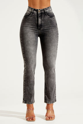 Calça Jeans Modeladora Cinza Reta Cós Super Alto