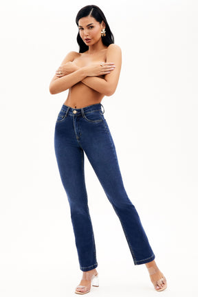 Calça Jeans Curva dos Sonhos Reta Jeans Escuro Cós Médio