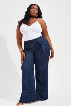 Calça Jeans de Rica Tecnológica Wide Leg Cós Super Alto