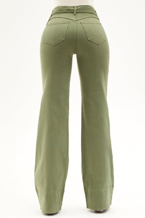 Calça Jeans de Rica Tecnológica Wide Leg Verde Militar Cós Alto