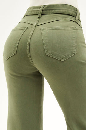 Calça Jeans de Rica Tecnológica Wide Leg Verde Militar Cós Alto