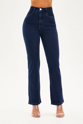 Calça Jeans Luxury Reta Jeans Escuro Cós Super Alto
