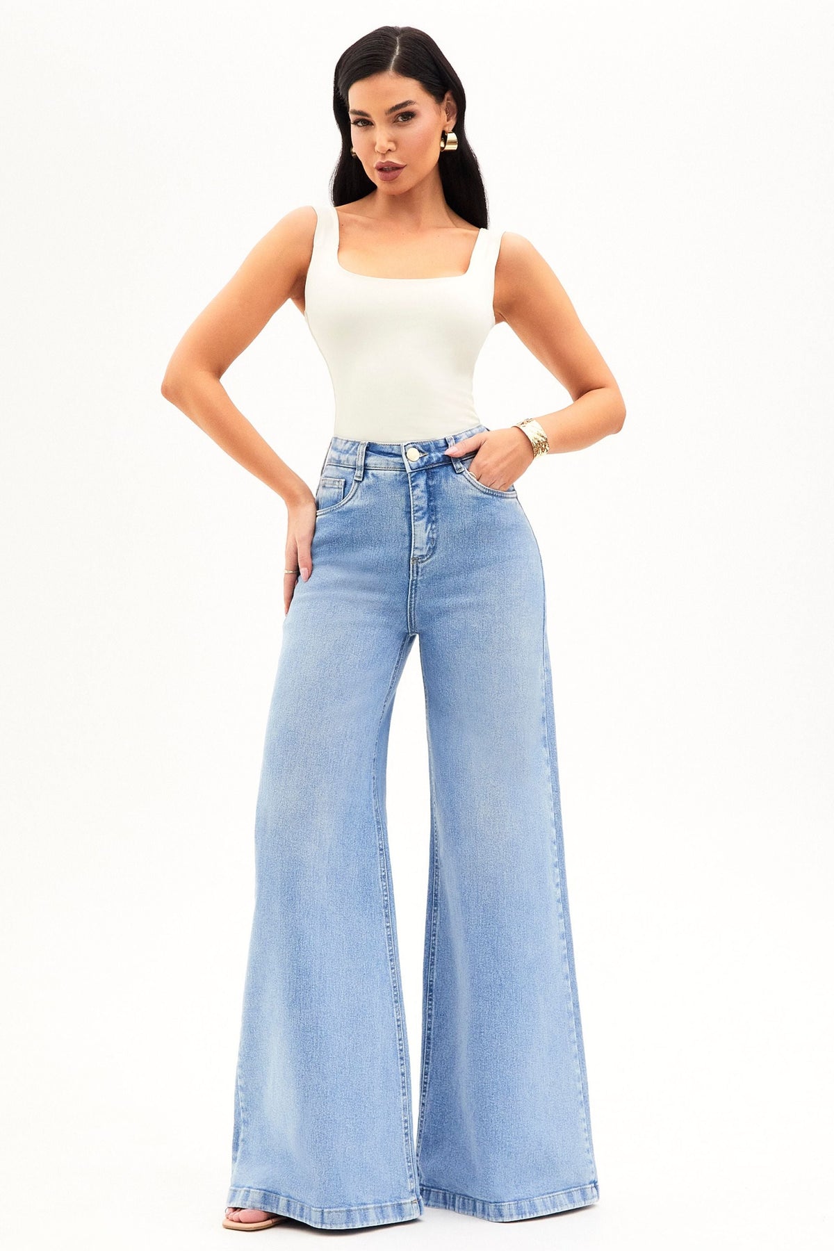 Calça Jeans Modeladora Basic Pantalona Jeans Claro Cós Super Alto
