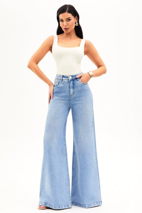 Calça Jeans Modeladora Basic Pantalona Jeans Claro Cós Super Alto