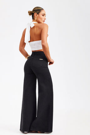 Calça Jeans Modeladora Pantalona Preta Cós Médio