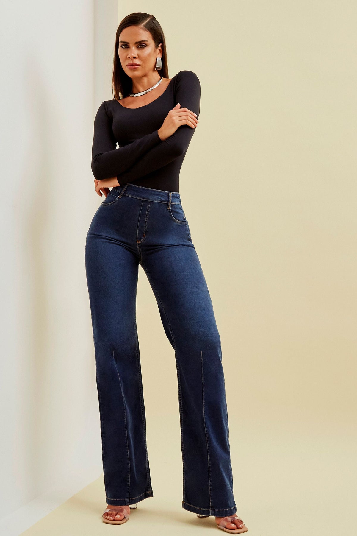 Calça Jeans Modeladora Power Stretch Wide Leg Cós Alto