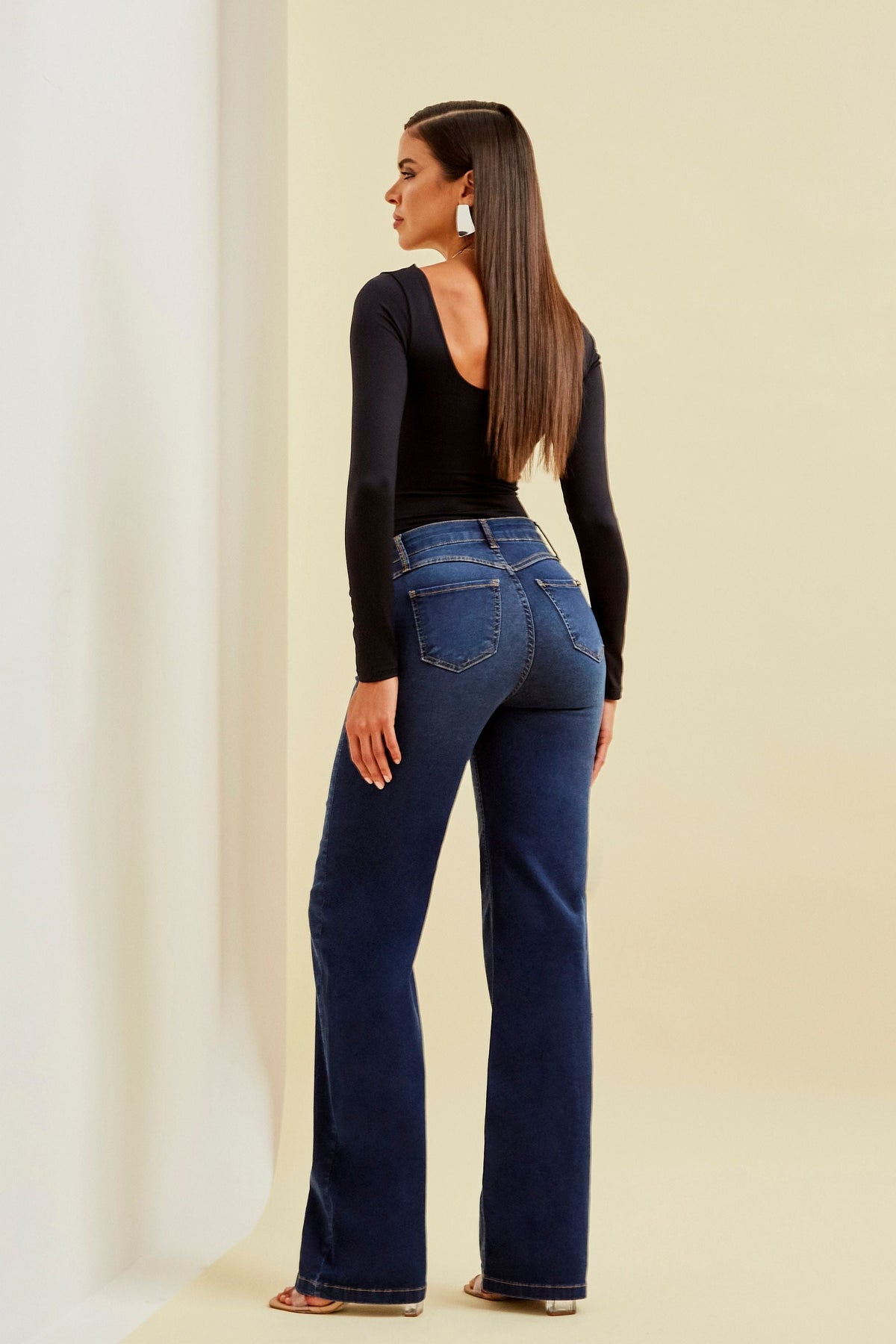 Calça Jeans Modeladora Power Stretch Wide Leg Cós Alto