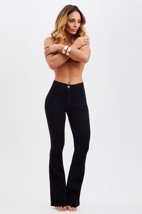 Calça Jeans Mega Bumbum Flare Preto Intenso Cós Médio