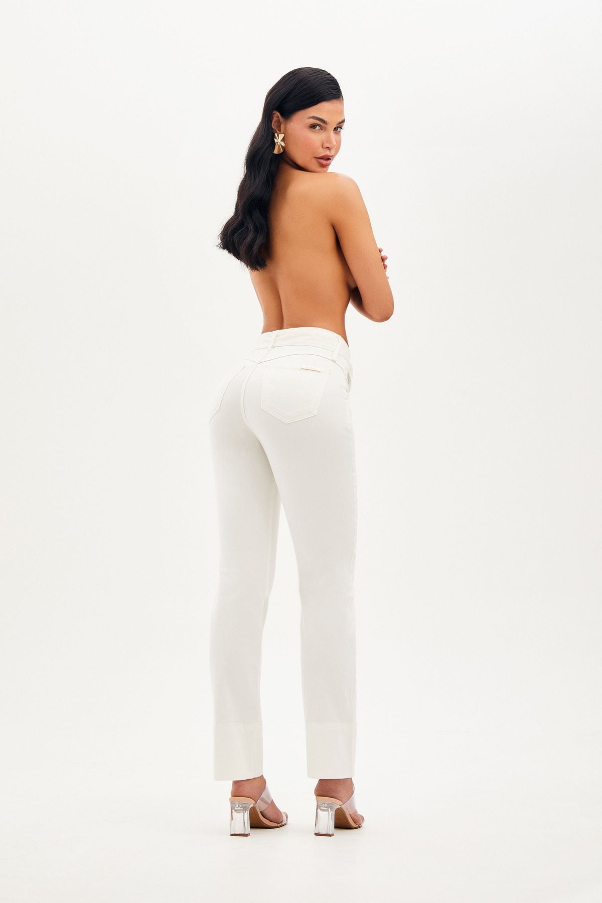 Calça Jeans de Rica Tecnológica Reta Off White Cós Médio