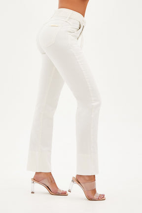 Calça Jeans de Rica Tecnológica Reta Off White Cós Médio