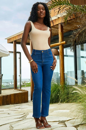 Calça Jeans Ultra Modeladora Reta Jeans Médio Cós Médio