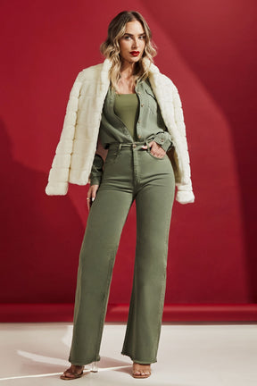 Calça Jeans Modeladora Verde Wide Leg Cós Super Alto