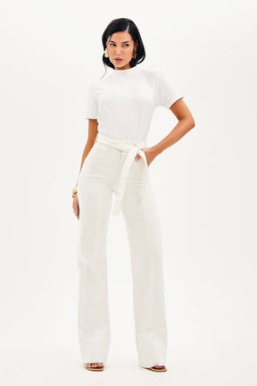 Calça Jeans de Rica Tecnológica Wide Leg Off White Cós Super Alto
