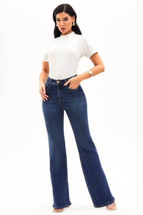 Calça Jeans Essencial Wide Leg Jeans Escuro Cós Médio