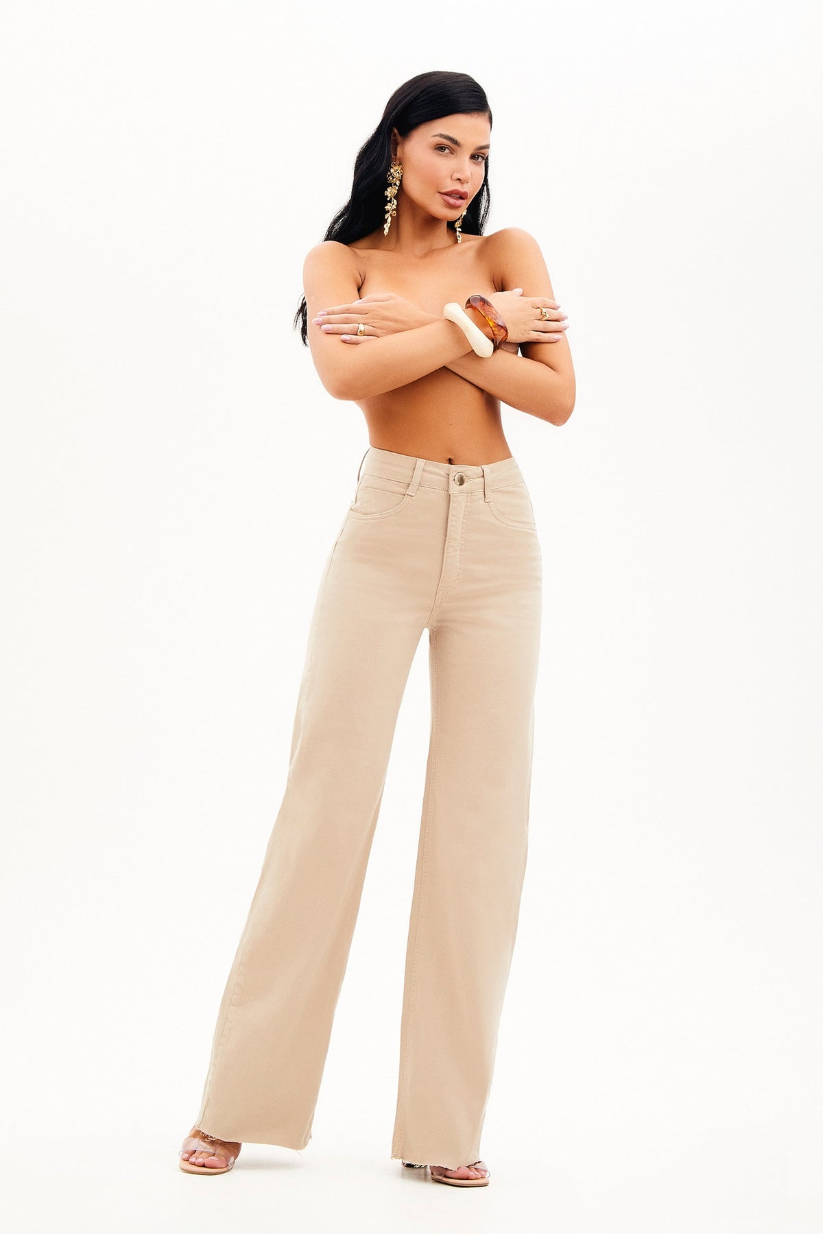 Calça Jeans Modeladora Nude Wide Leg Cós Super Alto