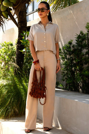 Calça Jeans Modeladora Nude Wide Leg Cós Super Alto