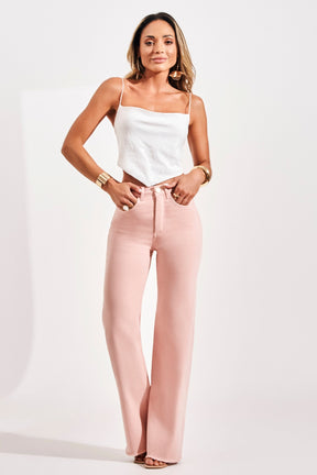Calça Jeans Modeladora Rosa Wide Leg Cós Super Alto