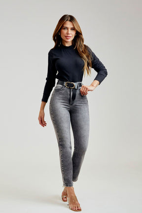 Calça Jeans Modeladora Cinza Reta Cós Super Alto