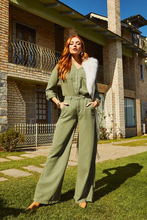 Calça Pantalona de Linho Térmico Dunas Verde Militar