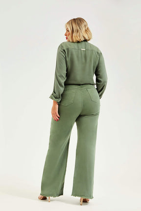 Calça Jeans Modeladora Verde Wide Leg Cós Super Alto