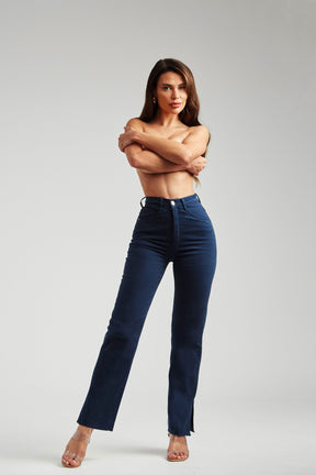 Calça Jeans Modeladora Azul Marinho Reta Cós Alto