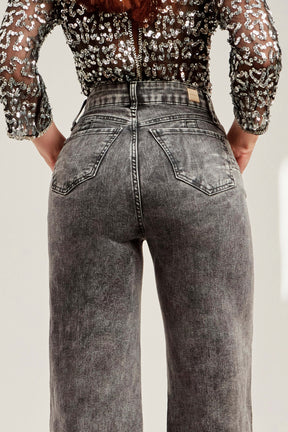 Calça Jeans Modeladora Wide Leg Cinza Cós Super Alto