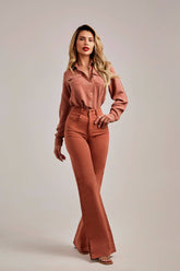 Calça Jeans Modeladora Wide Leg com Fenda Terracota