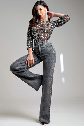 Calça Jeans Modeladora Wide Leg Cinza Cós Super Alto