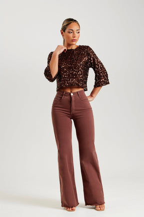 Calça Jeans Modeladora Coffee Wide Leg Cós Super Alto