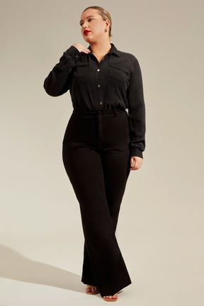 Calça Jeans Modeladora Wide Leg Preto Intenso Cós Super Alto